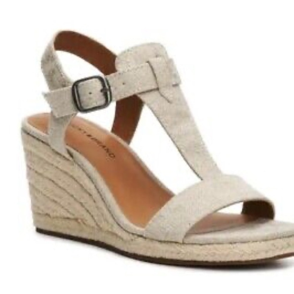 Lucky Brand Millinda T strap Wedge Sandals Beige Shimmer Burlap Buckle Sz‎ 12M